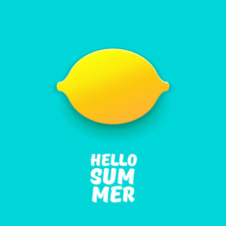 Vector Hello Summer Beach Party Flyer Design template with fresh lemon isolated on azure background. Hello summer concept label or poster with orange fruit and typographic text.のイラスト素材