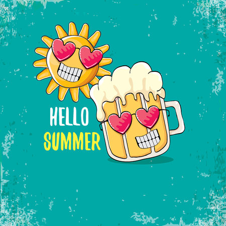 vector cartoon funky beer glass character and summer sun isolated on azure background. Hello summer text and funky beer concept illustration. Funny cartoon smiling friends.の写真素材