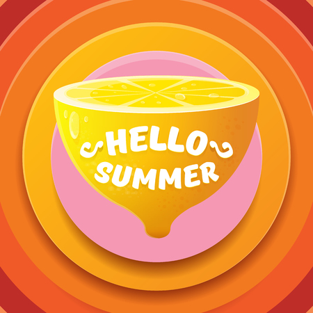 Vector Hello Summer Beach Party Flyer Design template with fresh lemon isolated on abstract circle orange background. Hello summer concept label or poster with orange fruit and typographic text.のイラスト素材