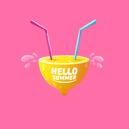 Vector Hello Summer Beach Party Flyer Design template with fresh lemon isolated on soft pink background. Hello summer concept label or poster with orange fruit and typographic text.のイラスト素材