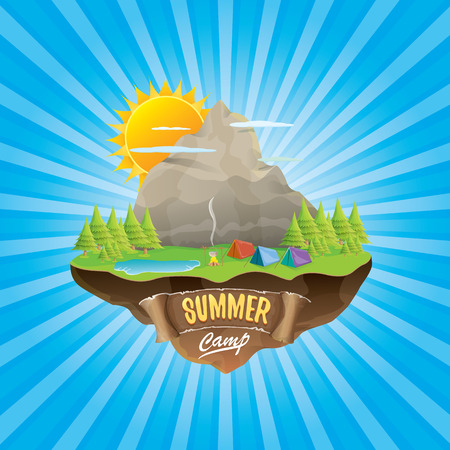 summer camp kids logo concept illustration with green valley, mountains, trees, sun, clouds, camp fire, camping tent and blue lake. Vector summer camp logo or flyer illustration.のイラスト素材