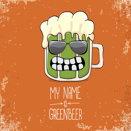 vector cartoon funky green beer glass character with isolated on orange background. vector beer label or poster design template. my name is green beer or happy st. patricks day concept illustrationのイラスト素材