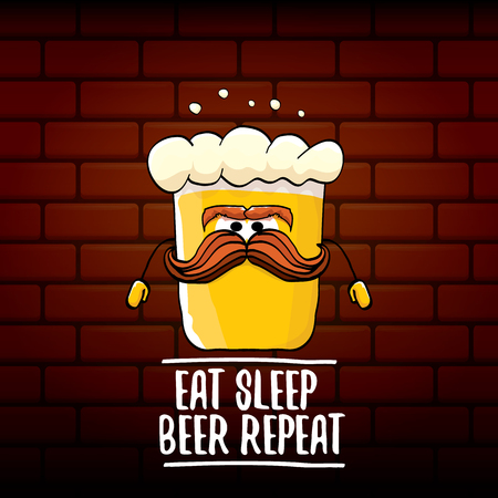 Eat sleep beer repeat vector concept illustration or summer poster. vector funky beer character with funny slogan for print on tee. International beer day labelのイラスト素材