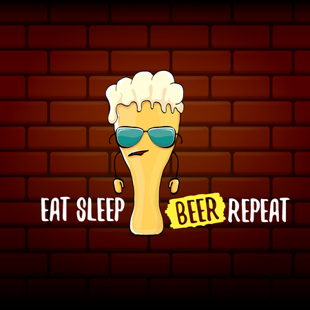 Eat sleep beer repeat vector concept illustration or summer poster. vector funky beer character with funny slogan for print on tee. International beer day labelのイラスト素材