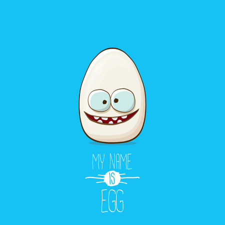 white egg cartoon characters isolated on blue background. My name is egg vector concept illustration. funky farm food or easter character with eyesのイラスト素材