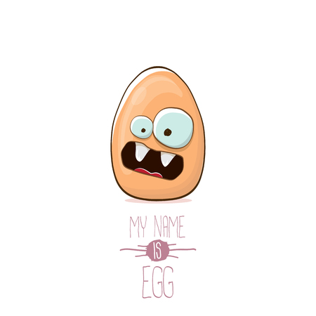 vector brown egg cartoon characters isolated on white background. My name is egg vector concept illustration. funky farm food or easter character with eyes and mouthのイラスト素材