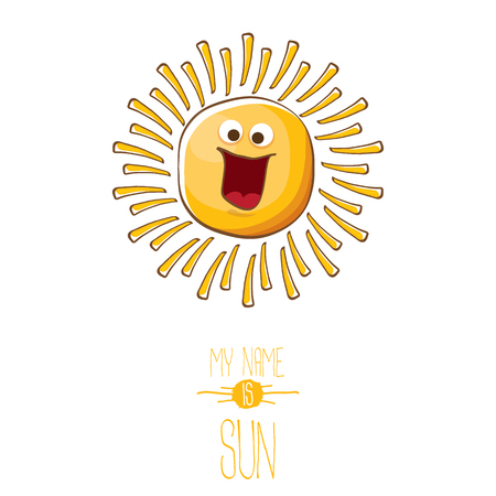 vector funky cartoon style summer sun character isolated on white background. My name is sun concept illustration. funky kids summer character with eyes and mouthのイラスト素材