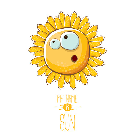 vector funky cartoon style summer sun character isolated on white background. My name is sun concept illustration. funky kids summer character with eyes and mouthのイラスト素材