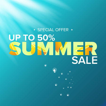 vector summer sale modern design template web banner or poster. Summer sale label with typographic text on azure water background with lightsのイラスト素材