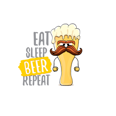 Eat sleep beer repeat vector concept illustration or summer poster. vector funky beer character with funny slogan for print on tee. International beer day labelのイラスト素材