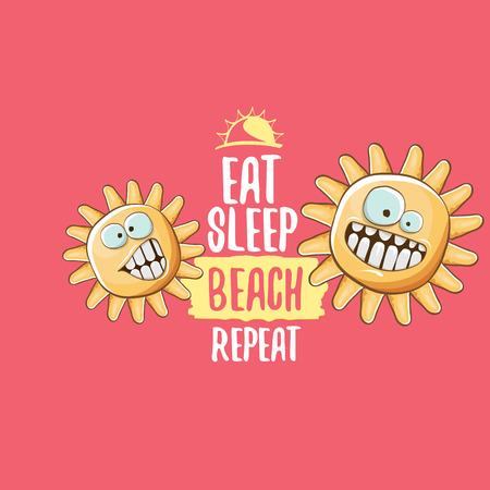 Eat sleep beach repeat vector concept cartoon illustration or summer poster. vector funky sun character with funny slogan for print on tee. summer party fun label or icon on pink backgroundのイラスト素材