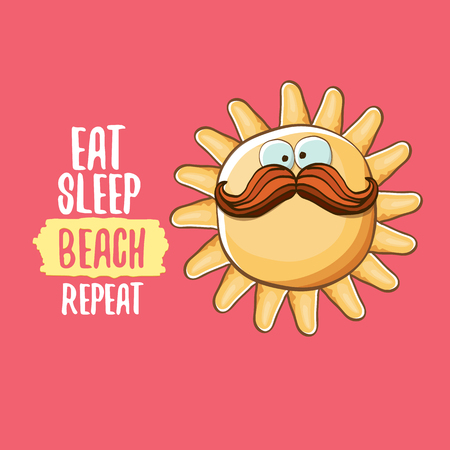 Eat sleep beach repeat vector concept cartoon illustration or summer poster. vector funky sun character with funny slogan for print on tee. summer party fun label or icon on pink backgroundのイラスト素材