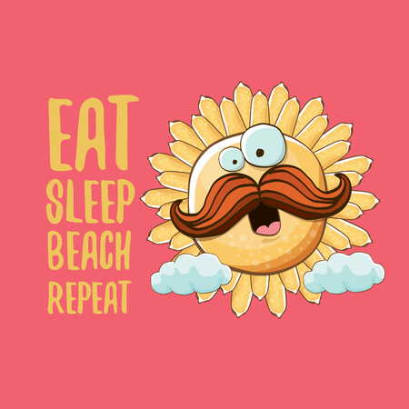Eat sleep beach repeat vector concept cartoon illustration or summer poster. vector funky sun character with funny slogan for print on tee. summer party fun label or icon on pink backgroundのイラスト素材