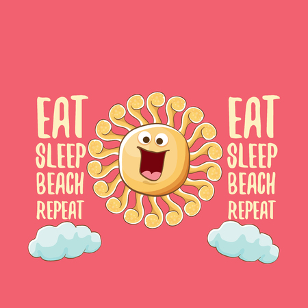Eat sleep beach repeat vector concept illustration or summer poster. vector funky sun character with funny slogan for print on tee. summer party fun label or icon on pink backgroundのイラスト素材