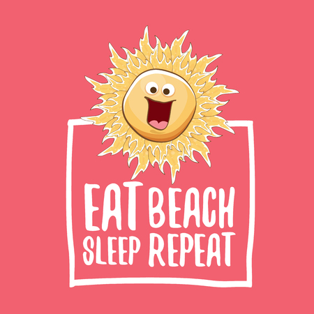Eat sleep beach repeat vector concept illustration or summer poster. vector funky sun character with funny slogan for print on tee. summer party fun label or icon on pink backgroundのイラスト素材