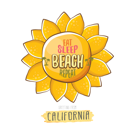 Eat sleep beach repeat vector cartoon concept illustration or summer poster. vector funky cartoon sun label with funny summer slogan for print on tee. Greeting card from California coast or beachのイラスト素材