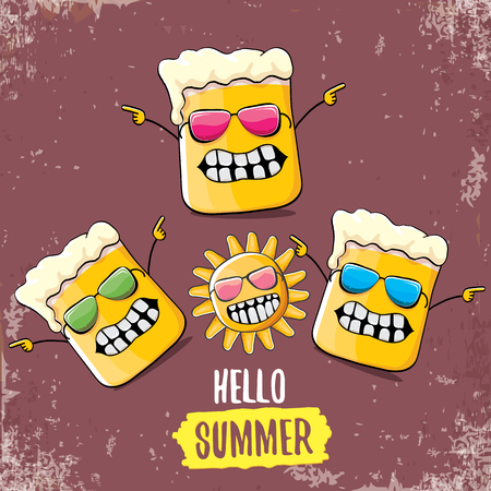 vector cartoon funky beer glass character and summer sun isolated on grungre brown background. Hello summer text and funky beer concept illustration. Funny cartoon smiling best friends.のイラスト素材