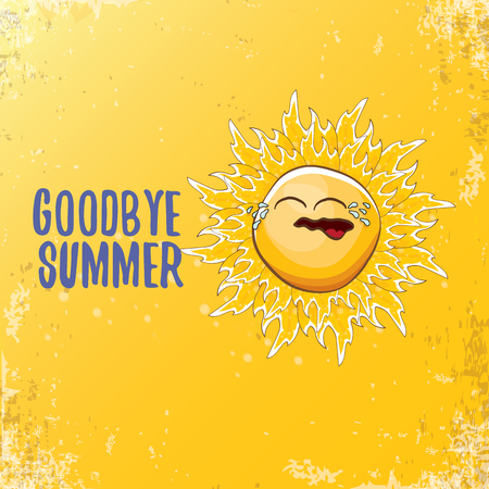 vector goodbye summer vector concept illustration with crying summer sun character on orange background. End of summer backgroundのイラスト素材