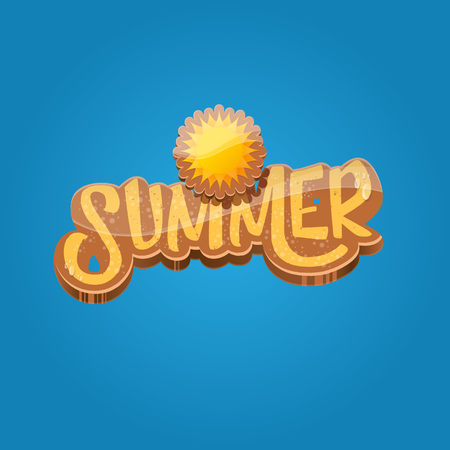 vector summer label paper art syle on blue sky background with orange sun. Summer beach party poster design template.のイラスト素材