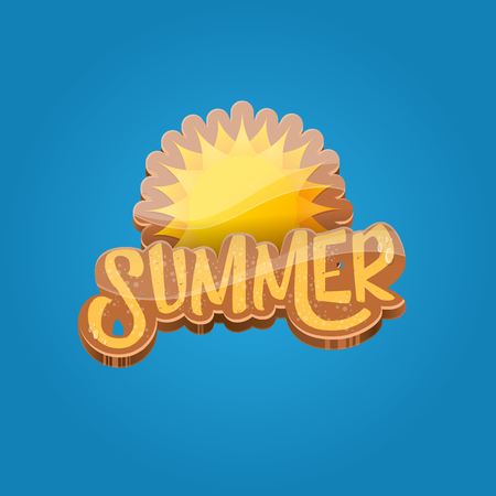 vector summer label paper art syle on blue sky background with orange sun. Summer beach party poster design template.のイラスト素材