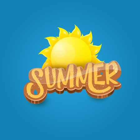 vector cartoon summer label paper art syle on blue sky background with orange sun. Summer beach party poster design template.のイラスト素材
