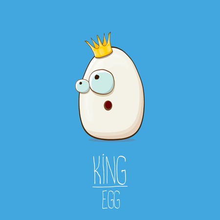white egg king with crown cartoon characters isolated on blue background. My name is egg vector concept illustration. funky farm food or easter king character with eyesのイラスト素材