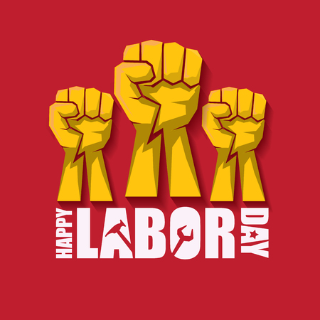 labor day Usa vector label or banner background. vector happy labor day poster or banner with clenched fist isolated on red . Labor union iconのイラスト素材