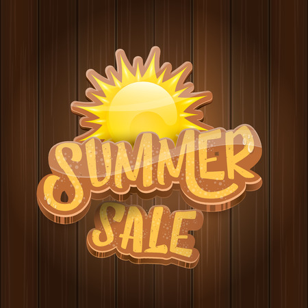 vector summer sale label or tag on wooden board background with sun. Summer sale poster or banner design template.のイラスト素材