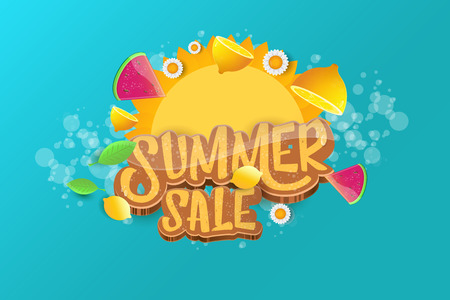 vector sammer sale horizontal banner with text, summer green grass, flying fresh lemons, flowers and slice of watermelon. Creative 3d summer shopping horizontal poster or labelのイラスト素材