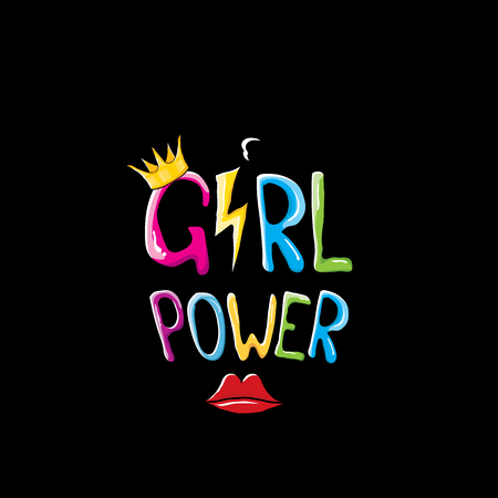 vector girl power label or cute sticker with calligraphic text isolated on black background. woman feminism concept illustration or poster with slogan.の写真素材
