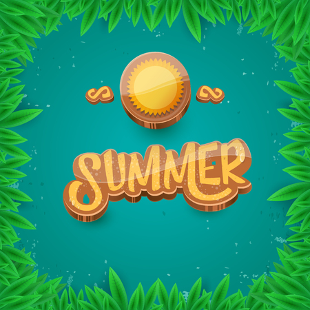 vector summer label paper art syle on green foliage background . Summer beach party poster, flyer or banner design template.のイラスト素材