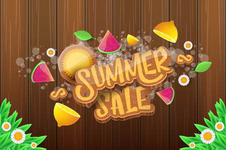vector sammer sale horizontal banner with text, summer green grass, flying fresh lemons, flowers and slice of watermelon. Creative 3d summer shopping horizontal poster or labelのイラスト素材