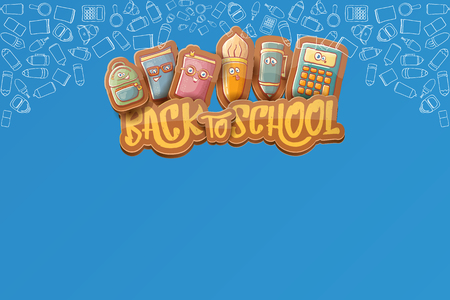 Back to school vector horizntal background template or banner with funny cartoon supplies like pencil ,book, bag, eraser and space for text. Vector back to school labelのイラスト素材