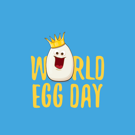 World egg day vector concept illustartion. white egg king cartoon characters with crown isolated on blue background.のイラスト素材