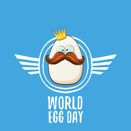 World egg day vector concept illustartion. white egg king cartoon characters with crown isolated on blue background.のイラスト素材