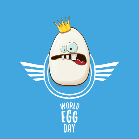 World egg day vector concept illustartion. white egg king cartoon characters with crown isolated on blue background.のイラスト素材