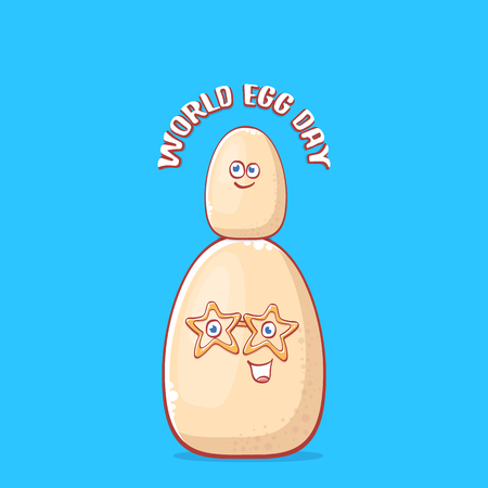 world egg day concept illustration with cute white egg cartoon kawaii character isolated on blue background.のイラスト素材