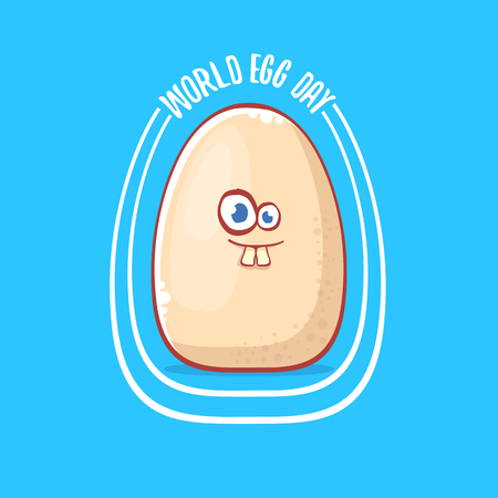world egg day concept illustration with cute white egg cartoon kawaii character isolated on blue background.のイラスト素材