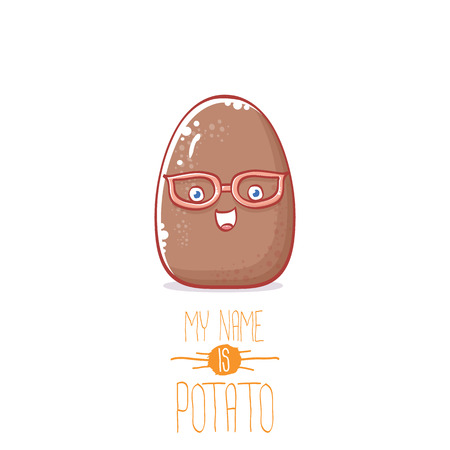 vector brown cute little kawaii potato cartoon character isolated on white background. My name is potato vector concept illustration. funky summer vegetable food kids characterのイラスト素材