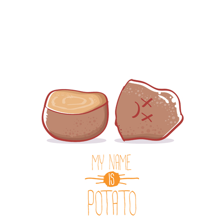 vector brown cute little kawaii potato cartoon character isolated on white background. My name is potato vector concept illustration. funky summer vegetable food kids characterのイラスト素材