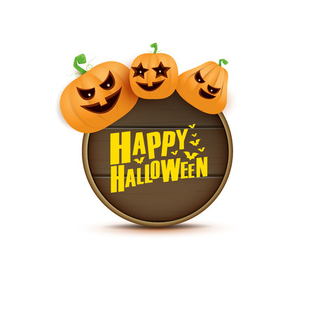 Happy Halloween web wooden label with Halloween scary pumpkins isolated on white background . Funky kids Halloween banner with greeting textのイラスト素材
