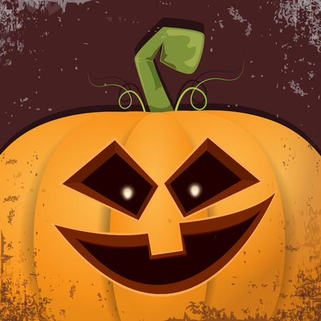Halloween cartoon pumpkin with face on dark background. Vector cartoon Illustration of Carved pumpkin into jack-o-lanterns for halloween banners and postersの写真素材