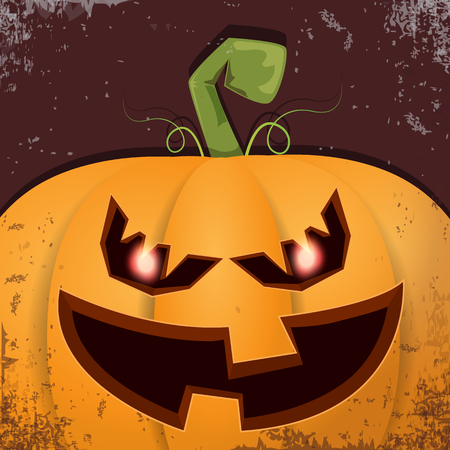 Halloween cartoon pumpkin with face on dark background. Vector cartoon Illustration of Carved pumpkin into jack-o-lanterns for halloween banners and postersの写真素材