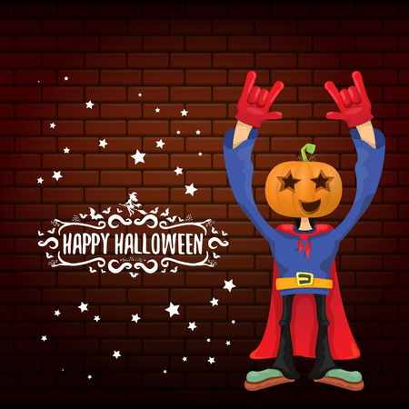 vector Happy halloween hipster party background. man in halloween costume with carved pumpkin head on brick wall background. Happy halloween rock concert poster designのイラスト素材