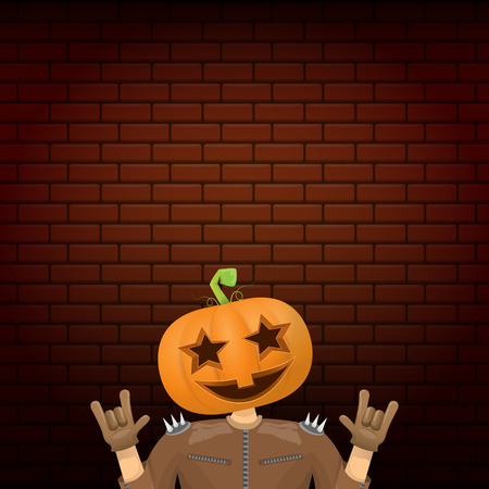 vector Happy halloween hipster party background. man in halloween costume with carved pumpkin head on brick wall background. Happy halloween rock concert poster designのイラスト素材
