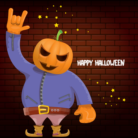 vector Happy halloween hipster party background. man in halloween costume with carved pumpkin head on brick wall background. Happy halloween rock concert poster designのイラスト素材