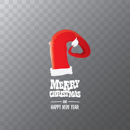 vector red Santa hat label isolated on transparent background with text Merry Christmas. Cartoon merry christmas card, banner or xmas background. vector illustrationのイラスト素材