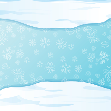 vector winter snow caps isolated on blue sky background with snowflakes. snow border or frame for winter sale or christmas banner designのイラスト素材