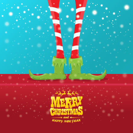 vector creative merry christmas greeting card with elfs legs, elf shoes and christmas stripped stocking on falling snow in sky. Vector merry christmas backgroundのイラスト素材