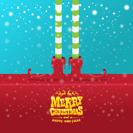 vector creative merry christmas greeting card with elfs legs, elf shoes and christmas stripped stocking on falling snow in sky. Vector merry christmas backgroundのイラスト素材